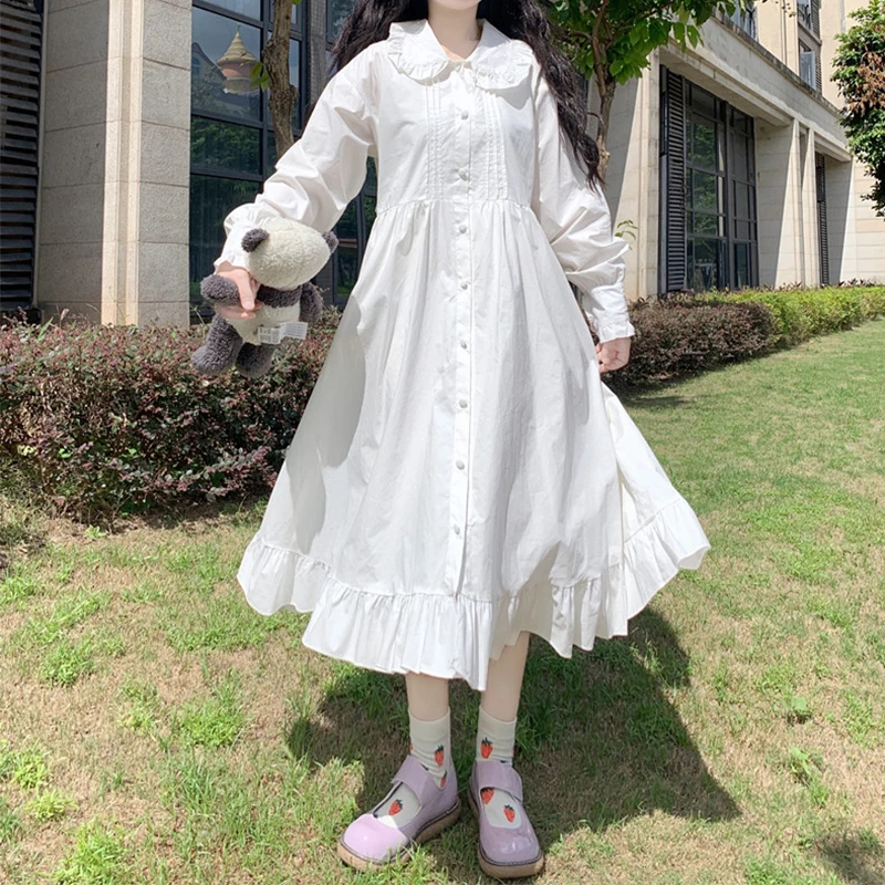 Dress 2020 Autumn Japanese Sweet lolita dess Doll Collar Long Sleeves High Waist All-Matching Ruffled Swing Female White Dress