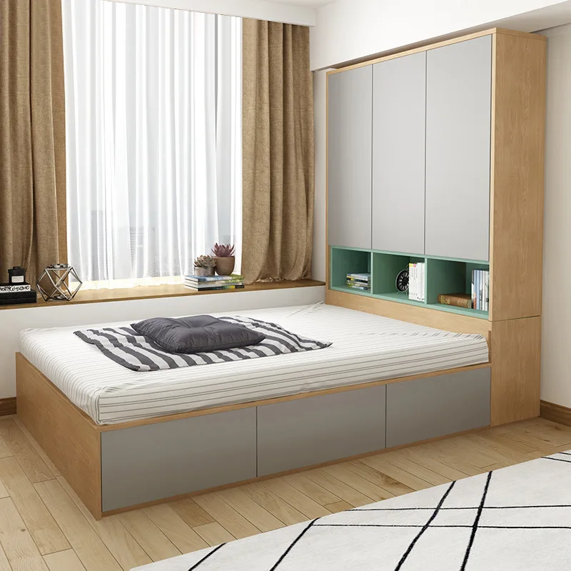 Nordic modern minimalist double bed 1.2 meters 1.5 meters tatami bed plate wardrobe bed high box storage bed with closet