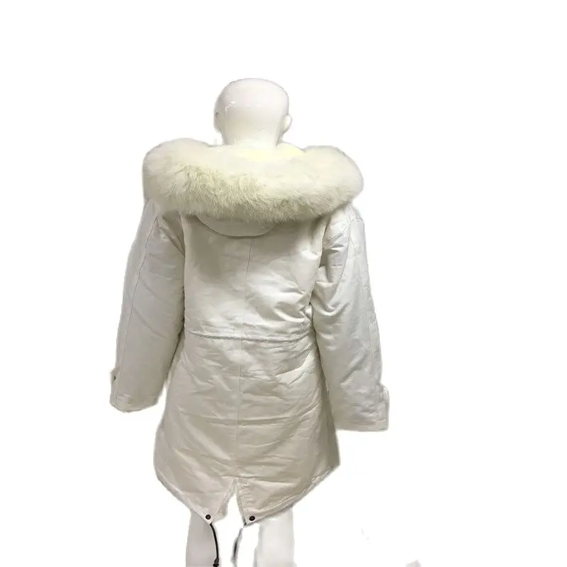 Noble Long Parka cappotto foderato in pelliccia di visone bianco puro giacca invernale da donna con collo in pelliccia di volpe bianca