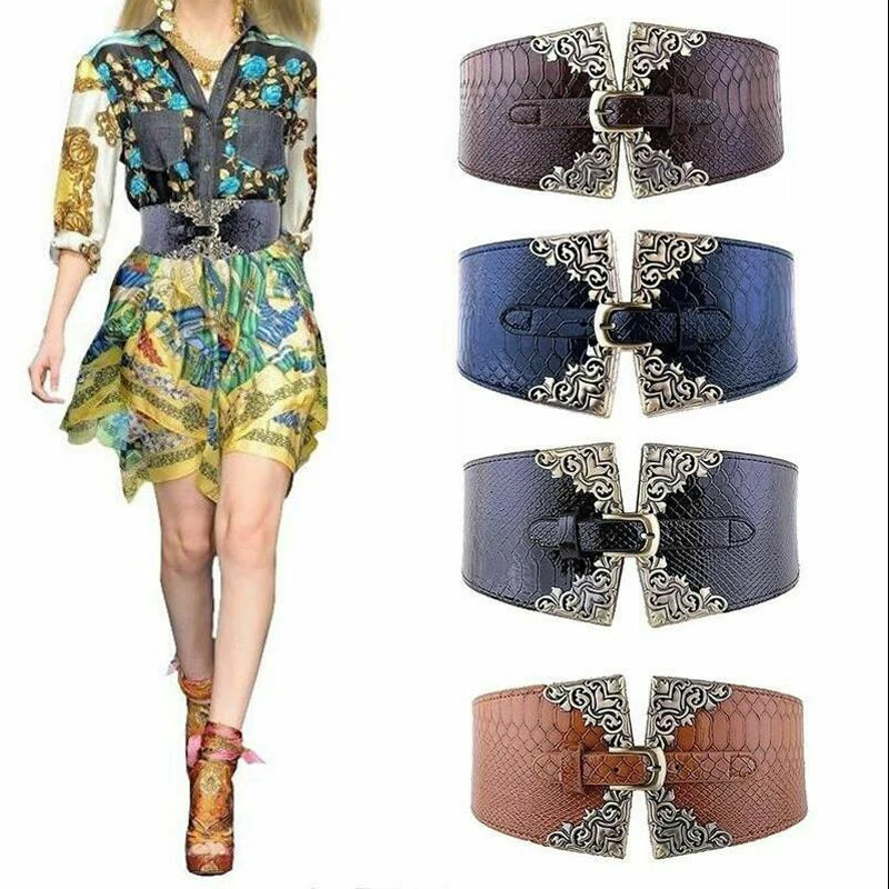 Women Elastic Buckle Wide Belt Vintage Totem Print Stretch Leather Waist Belt For Dress Corset Cinch Waistband