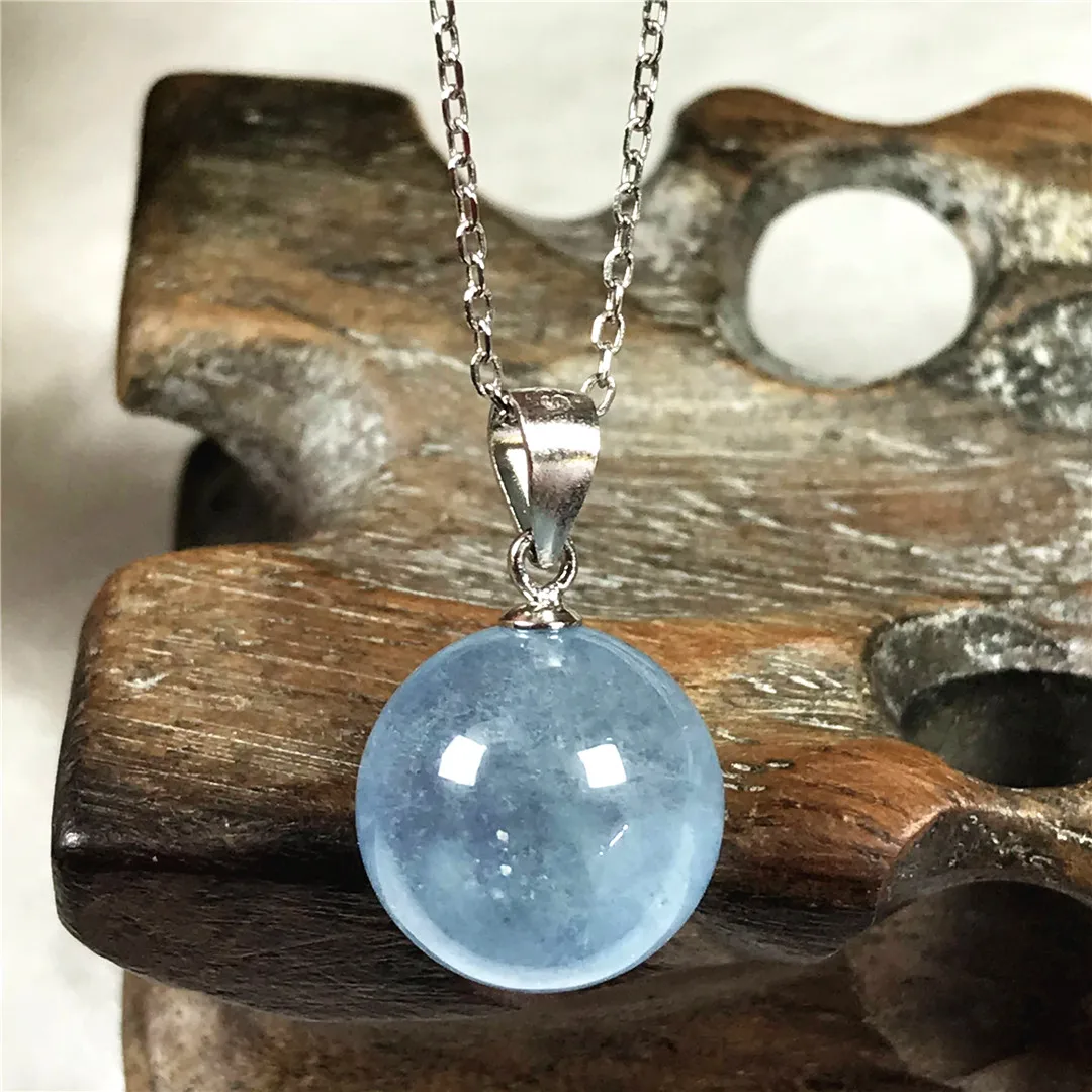 13mm Natural Blue Aquamarine Pendant Necklace For Women Lady Men Love Gift Crystal Round Beads Stone Jewelry Silver Chains AAAAA