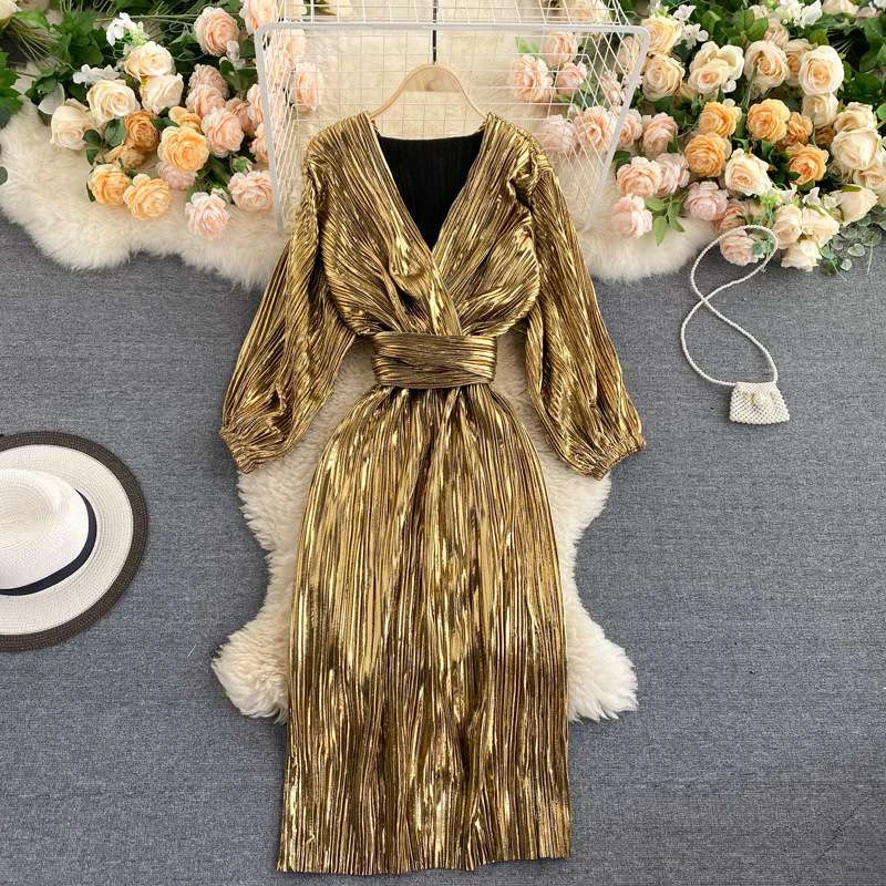 Gold Shimmer Wavsiyier High Waist Boho Luxury Evening Party Dresses Women Runway Long Sleeve Elegant Dress Autumn Spring Dresses