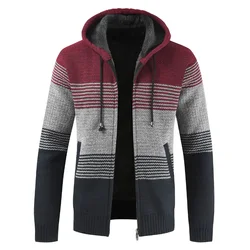 Sweater Coat Men 2023 Winter Thick Warm Hooded Cardigan Jumpers Men Striped Wool Liner Zipper Fleece Coats Men
