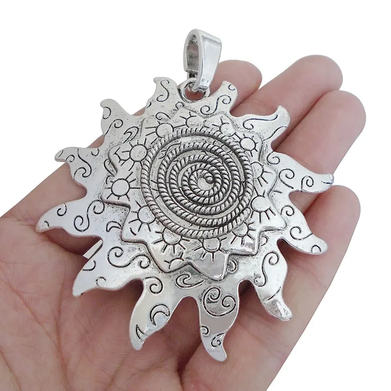 2 x Tibetan Silver Large Spiral Sun Flower Charms Pendants for DIY Necklace Jewelry Making Findings Accessories 76x69mm