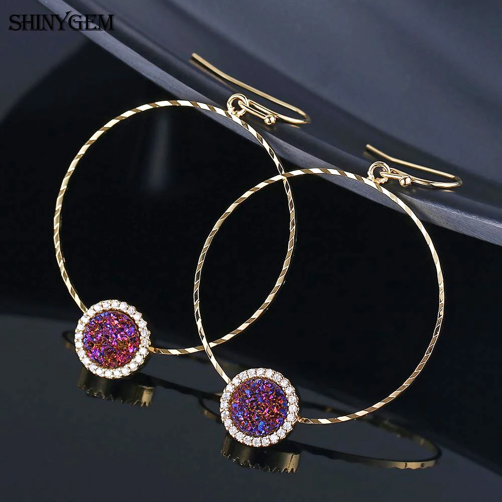 

ShinyGem Large Circle Drop Earrings Sparkling Natural Druzy Earrings Twist Smooth Big Round Golden Gem Stone Earrings For Women