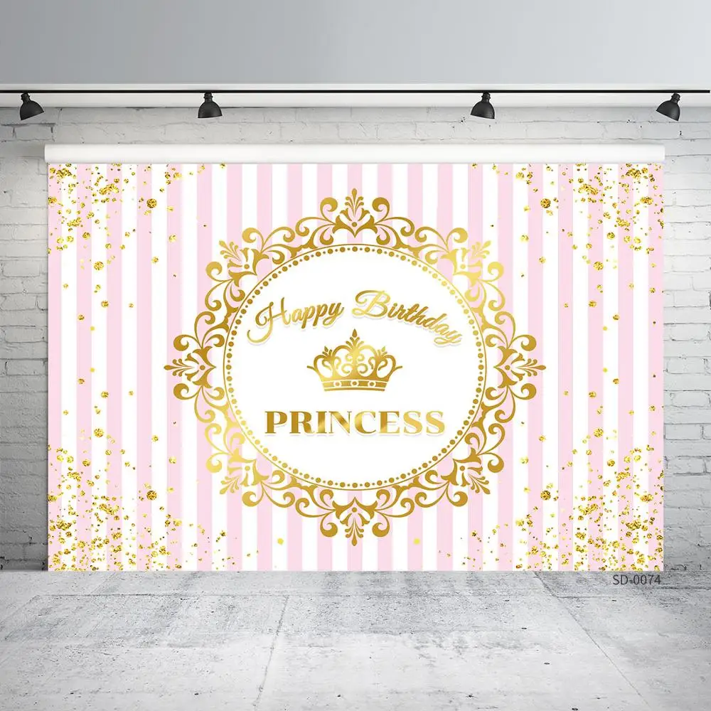 Golden Crown Flower Gold Stripe Curtain Custom Birthday Party Banner Backgrounds Girl Princess Newborn Kid Photography Backdrops