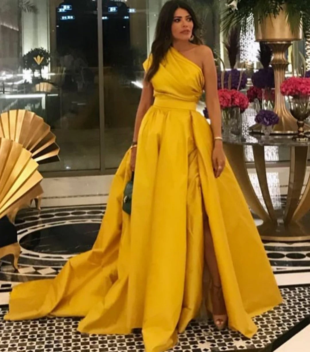 

Vintage Long Yellow Taffeta Evening Dresses with Slit Floor Length Zipper Back Formal Party for Women robes de soirée