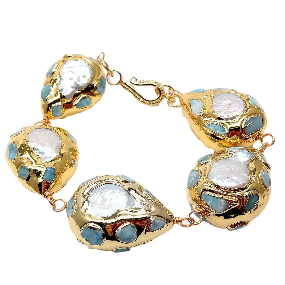 KKGEM Natural  22x28mm Blue larimar Chips Teardrop White Coin Freshwater Pearl Pave Gold Color Plated  Wrap Bracelet  9\
