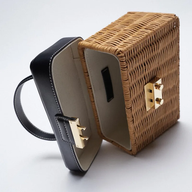 Fashion Rattan Box Women Handbags Wicker Woven Lady Shoulder Crossbody Bag Luxury Summer Beach Straw Bag Female Travel Purses