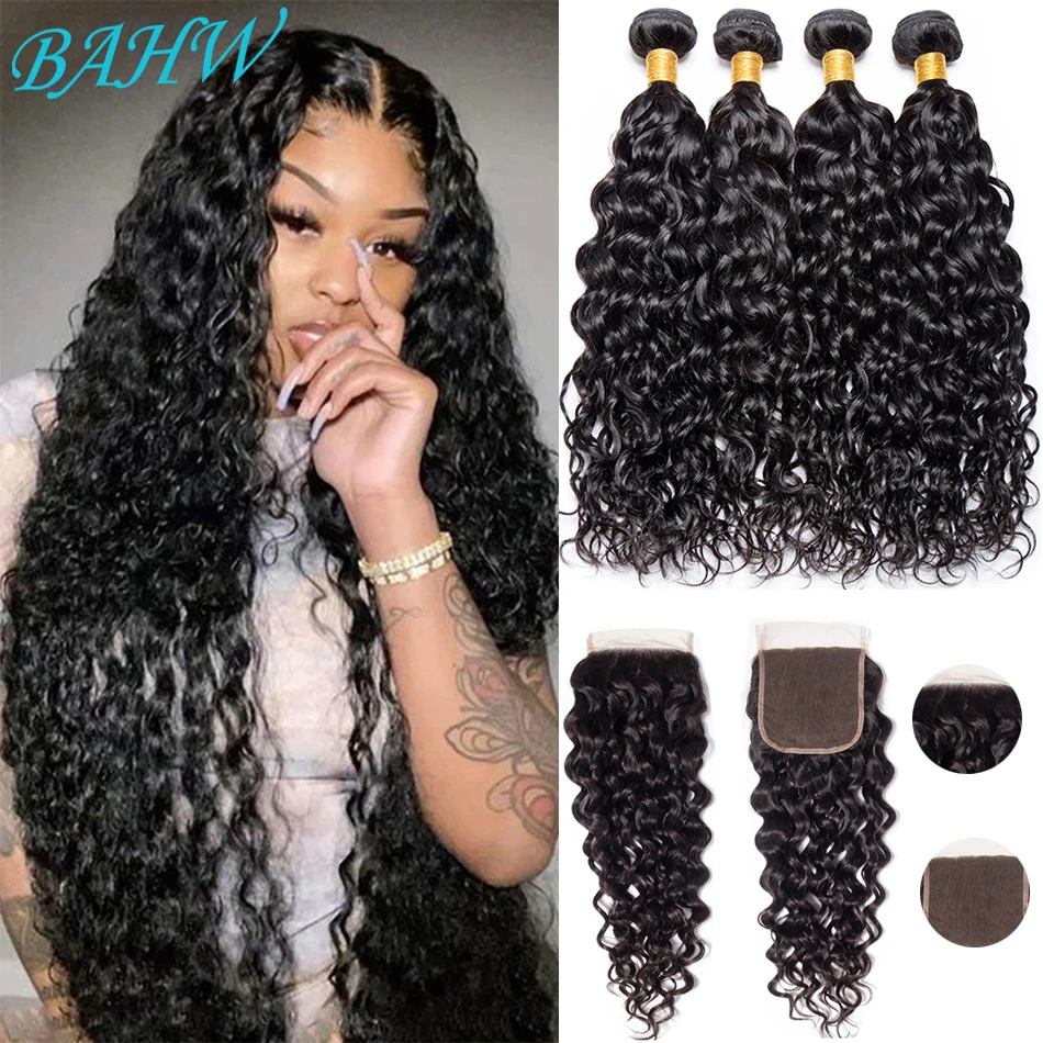 12A Peruvian Water Wave Hair Bundles With Closure 100% Human Hair Weave Water Curly Virgin Hair Bundles With 4X4 Lace Closure