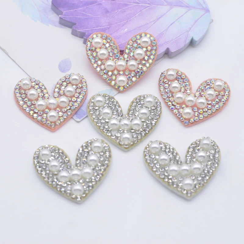 10Pcs/lots 35mm Pearl Rhinestone Heart Scrapbook Clothing Home Decor Applique Motif Wedding Patch Hairband Accessories Material