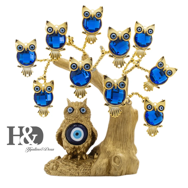 H&D Blue Evil Eye Tree for Protection Gold Owl Shape Tree Fengshui Ornament Home Office Decor Good Luck Gift Showpiece Xmas Gift