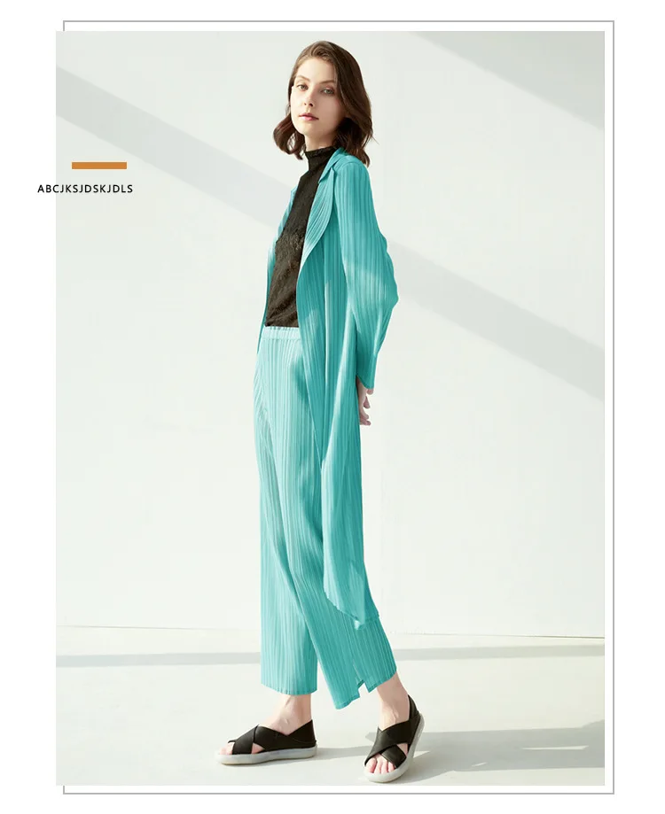 HOT SELLING Miyake Fashion fold long sleeve turn-down Back split long Windbreaker + Solid color straight-leg pants suit IN STOCK