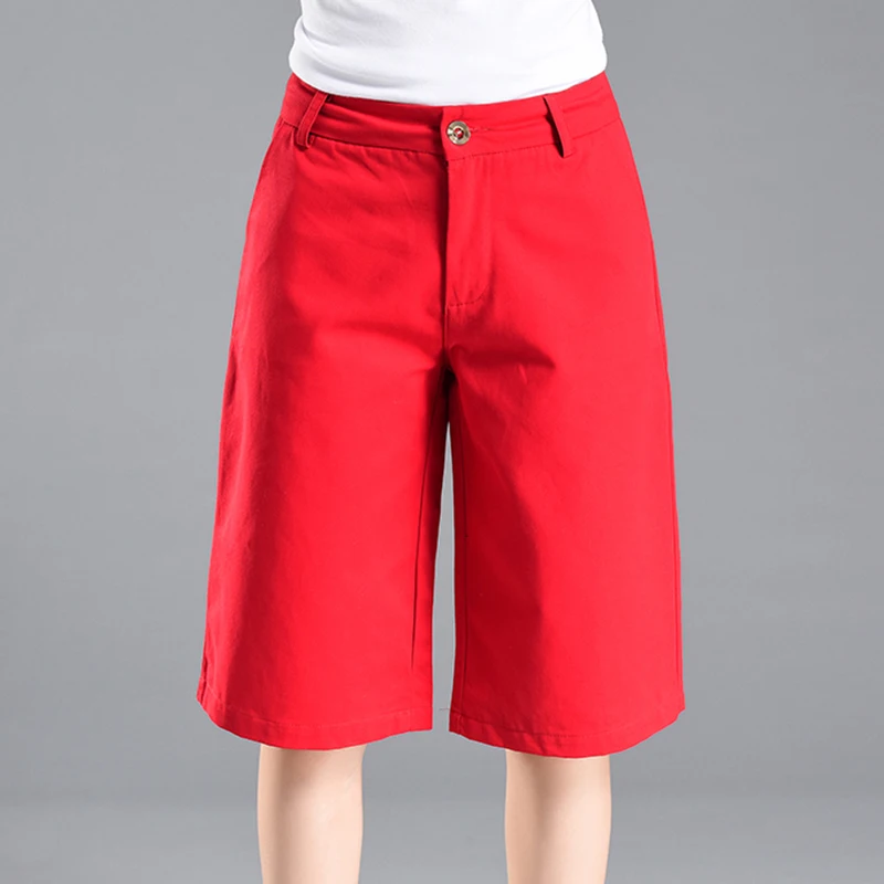 

Knee Length Capri Casual Solid Wide Leg Shorts Women Bermuda Shorts Lady Summer High Waist Wide Leg Half Long Relax Fit Shorts