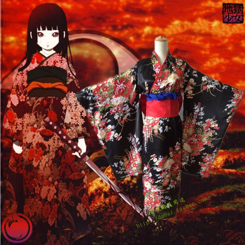 Newest Anime Jigoku Shoujo Mioyosuka Cosplay Kimono Black Floral Japanese Kimono Dresses For Women Plus