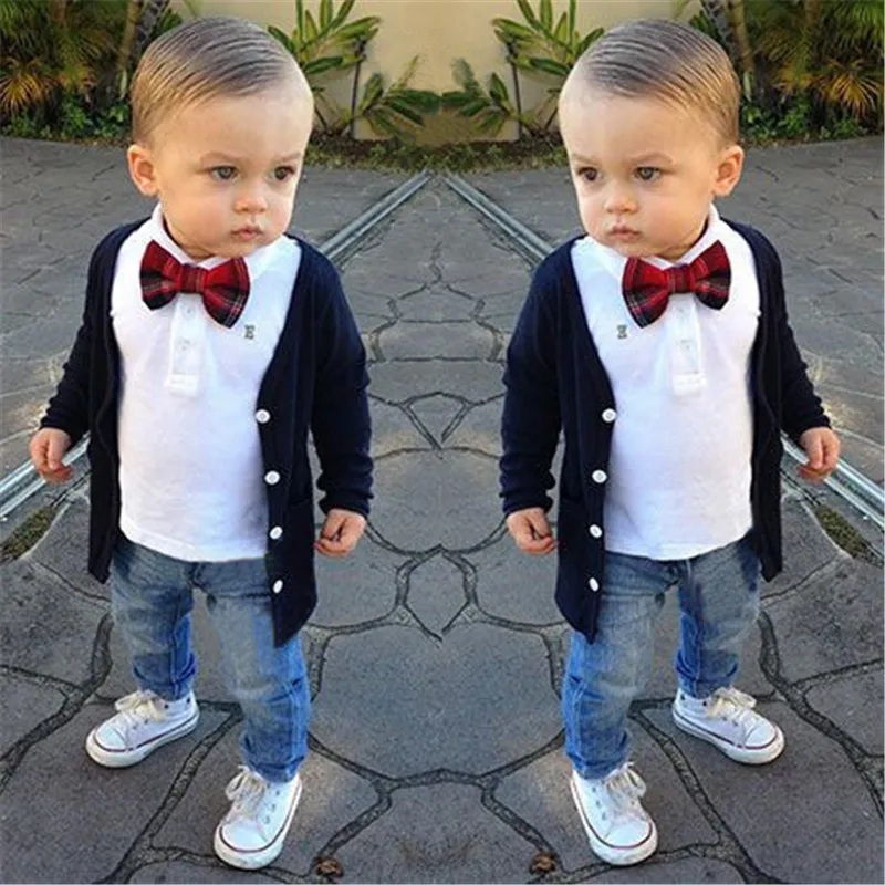 

Boys Tshirts Coat Denim Long Pants Baby Gentleman 3 Pieces Suits Toddler Set Kids Jeans Tops Children's Clothing Cardigan