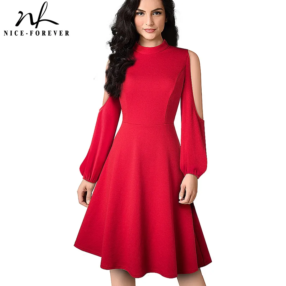 

Nice-forever Winter Vintage Solid Color with Cold Shoulder Retro Dresses Cocktail Party Women Flared A-Line Dress A224