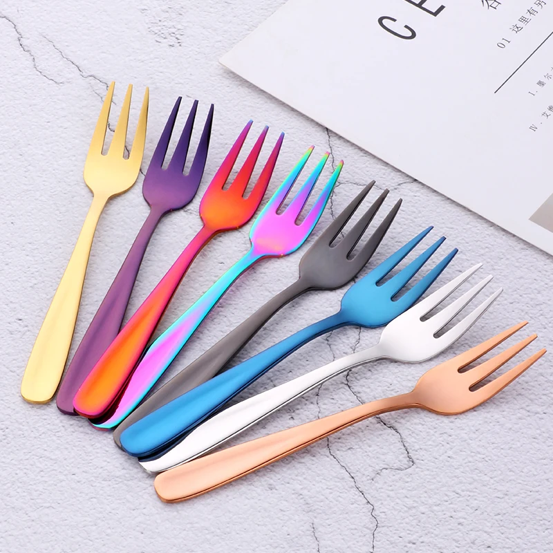 2Pcs/set Stainless Steel Rainbow Mini Cake Fruit Fork Dinner Salad Fork Tableware Black Gold Dessert Fork Server Dinnerware Set