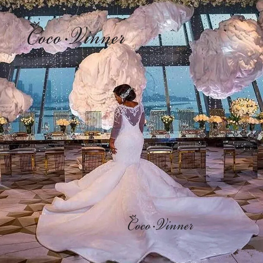 ที่กําหนดเองแขนยาวภาพลวงตากลับคุณภาพชุดแต่งงานเงือก 2025 ลูกไม้เย็บปักถักร้อยคริสตัลลูกปัดชุดเจ้าสาว W0707