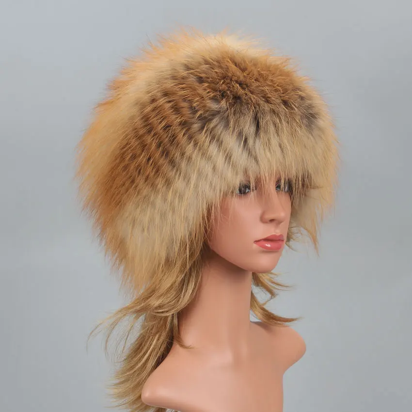 

Real Fox Fur Pompom Bomber Winter Hats Russian Female Ski Mask Natural Raccoon Fur Hat Knitted Skullies Beanies Fall Women's Cap