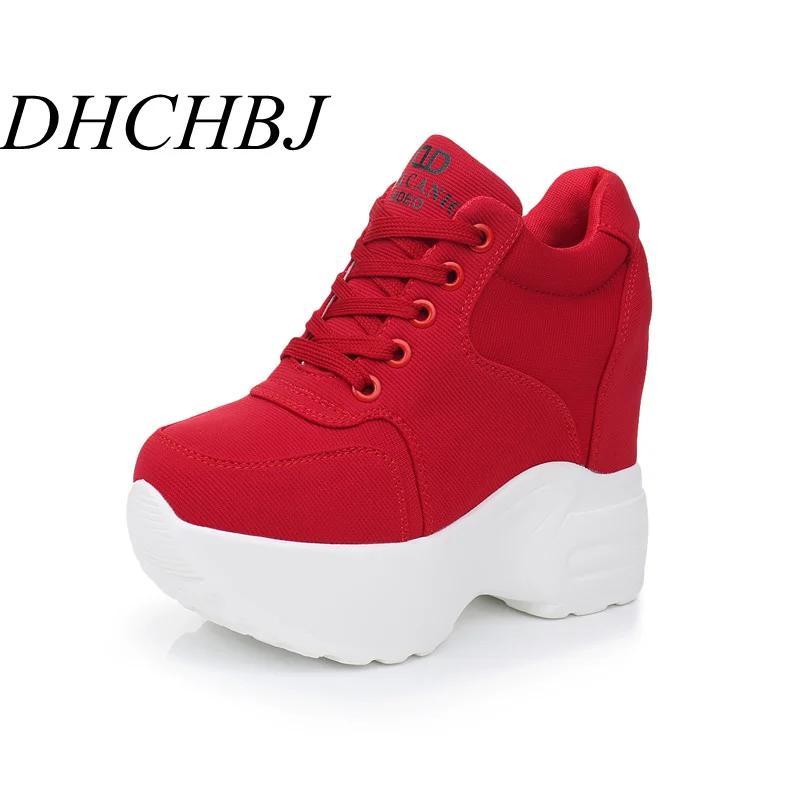 Women Platform Trainers Ankle Boots Autumn canvas White Sneakers 11CM Heels Wedges Boots Breathable Height Increasing Boots