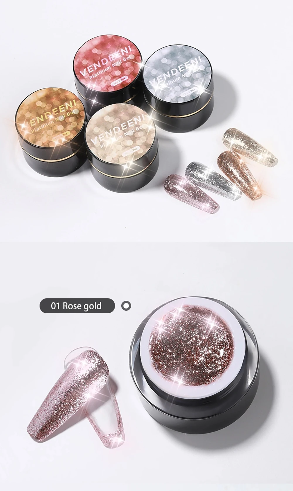 Vendeeni 4 Farben Glitzer-Platin-Nagelgel-Lack Champagner Roségold Silber Glänzender Nagelgel-Lack UV LED Aushärtbarer Gel-Lack – Detail 4