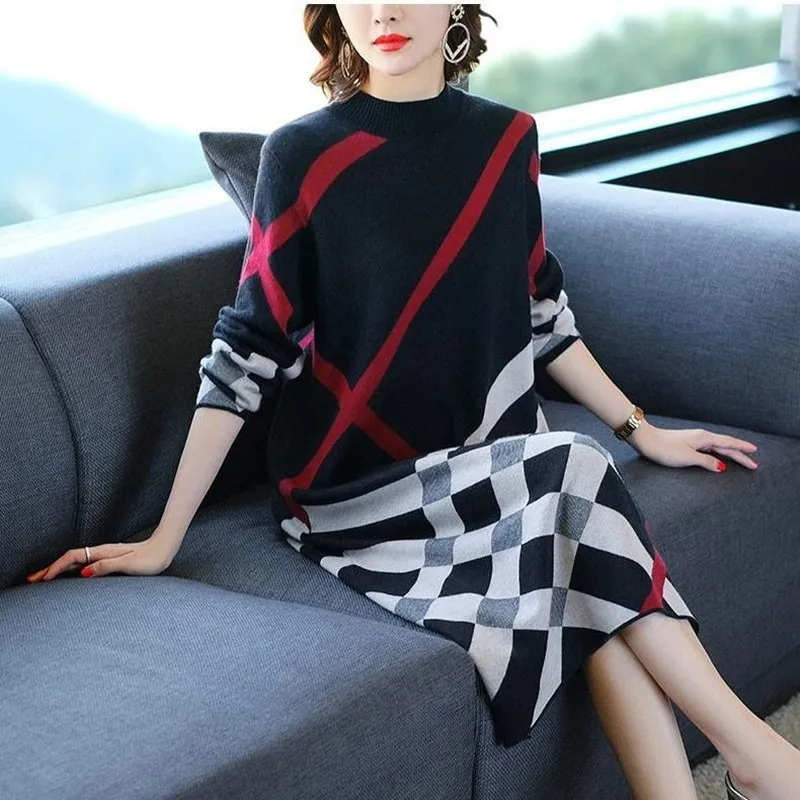 Robe pull à col roulé à carreaux pour femmes, pull astronomique, longueur au genou, patchwork, vêtements féminins, printemps, automne, mode, ogo, 2022