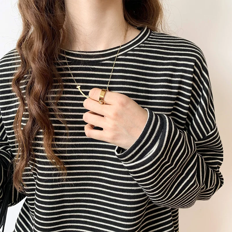 

Fashion Womens T-shirts Cotton Stripe Spring Autumn 2024 O-neck Long Sleeve Loose Basic Bottoming Shirt Oversize Knit Tops