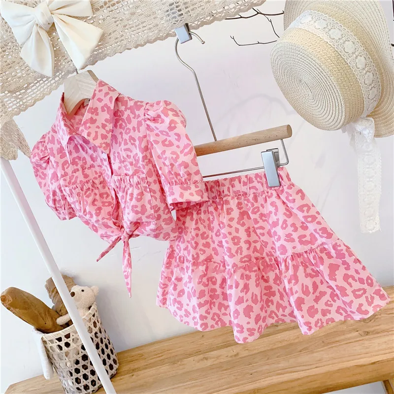 Summer Girls Clothes Suit 2022 Spring Fashion Casual New Girls Pink Leopard Print High Waist Top +Skirt Children\'S Clothing Sets