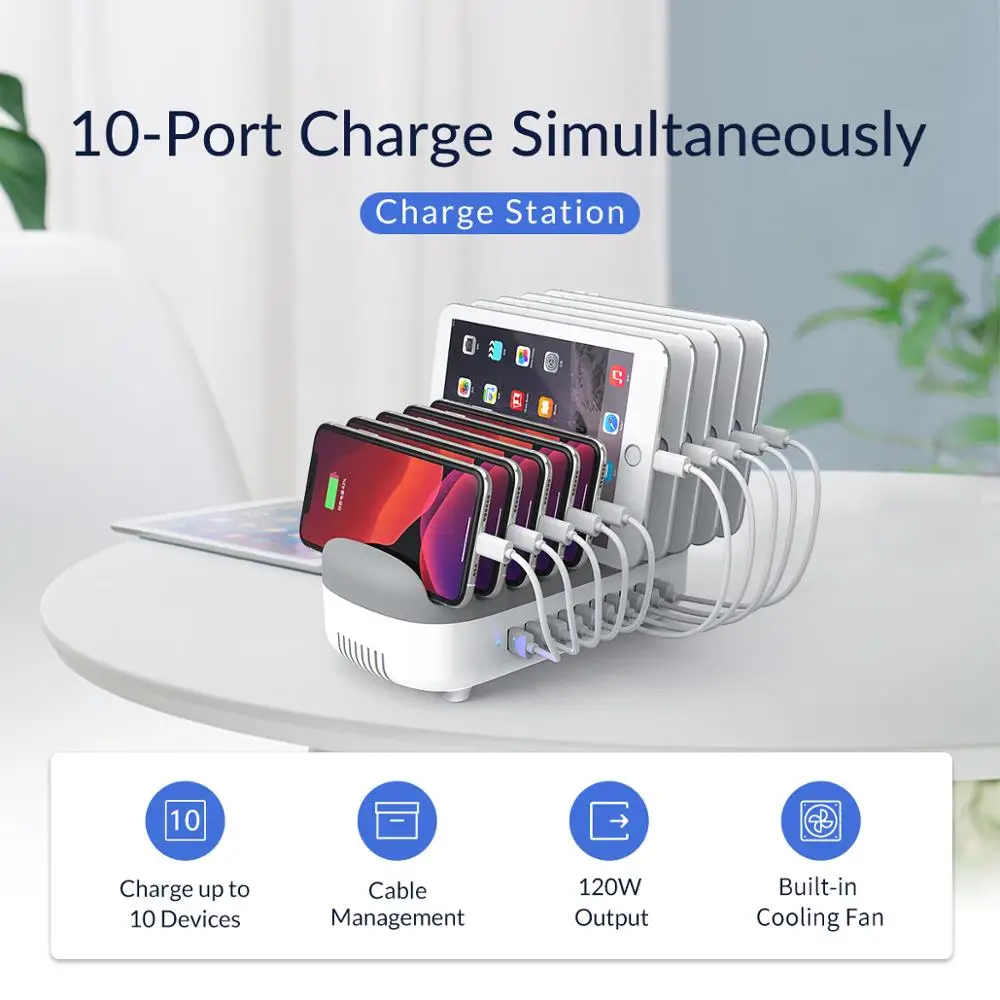 ORICO 10 Ports USB Charging Station Dock USB Charger 120W 5V 2.4A for iPhone 12 Pro Max Samsung Xiaomi Phone Tablet