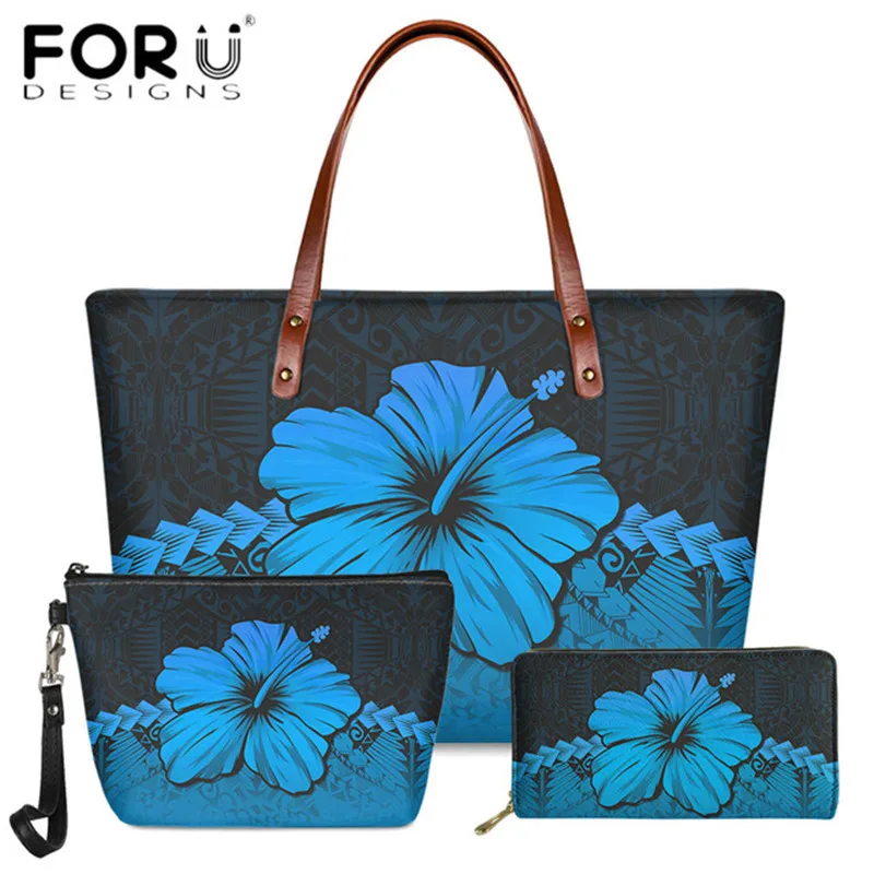 

Hawaii Hibiscus Flower Print Women 3pcs Beach Bags Fashion Handbag Makeup Bag Clutch Leather Purse Shoulder Bolsa Drop Shipping