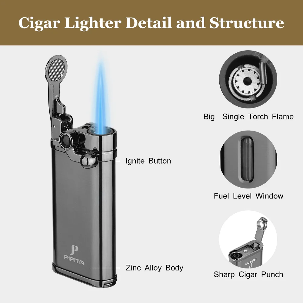 Fashion High Quality Windproof Lighter Torch Jet Single Flame Refillable Inflatable Flame Lighter & Cigar Punch Lighter（2Pack）