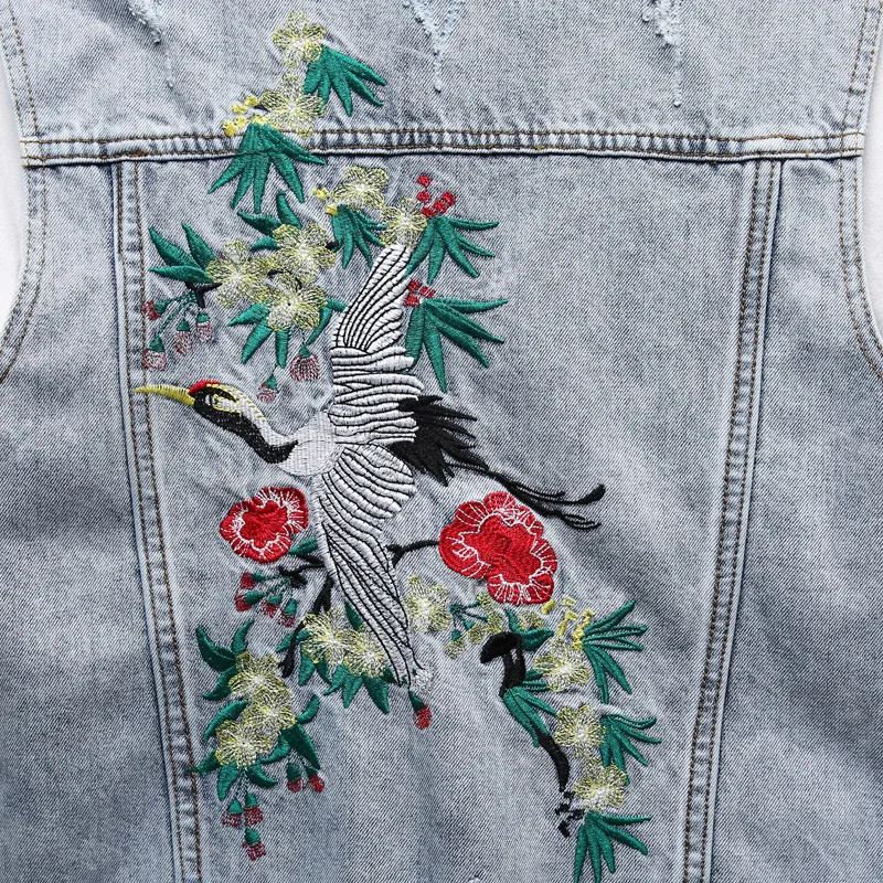 Harajuka Embridery Lỗ Rách Nam Denim Áo Vest Phối Ngực Đơn Vintage Đầm Ôm Phù Hợp Với Nam Thời Trang Áo Plus Kích Thước