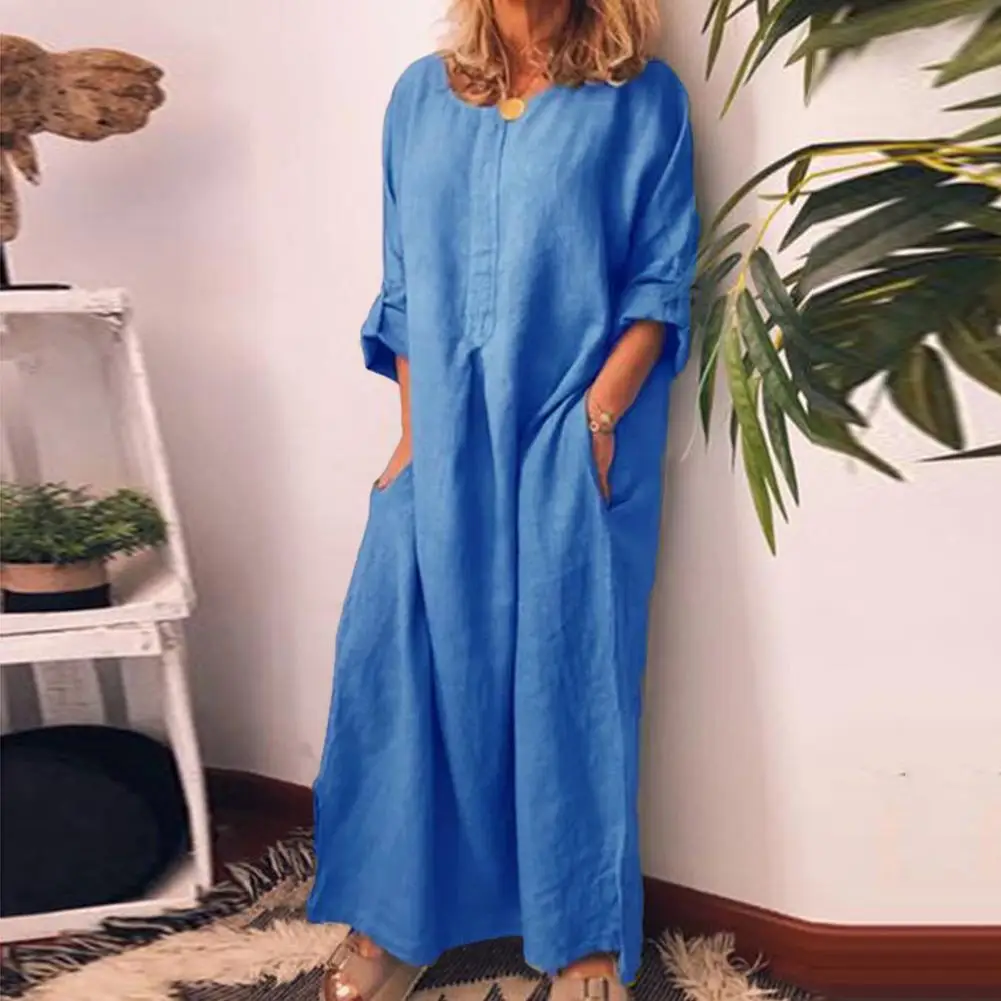 Sell Like Hot Cakes New Women Solid Color Oversized Cotton Linen Long Shirt Dress Boho Beach Casual Party Pocket Dress