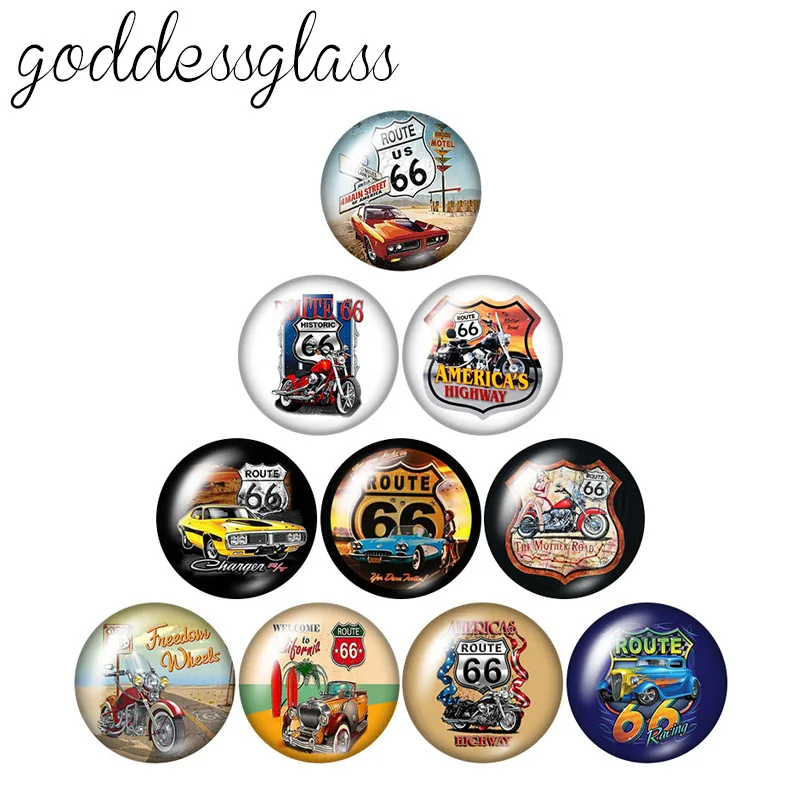 

New Route 66 motorcycles cars 10pcs 12mm/18mm/20mm/25mm Round photo glass cabochon demo flat back Making findings