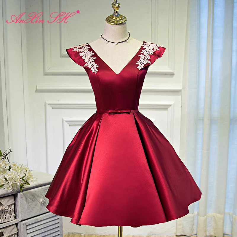 

AnXin SH Korean banquet short princess wine red satin evening dress princess v neck fashionable blue satin bow evening dress