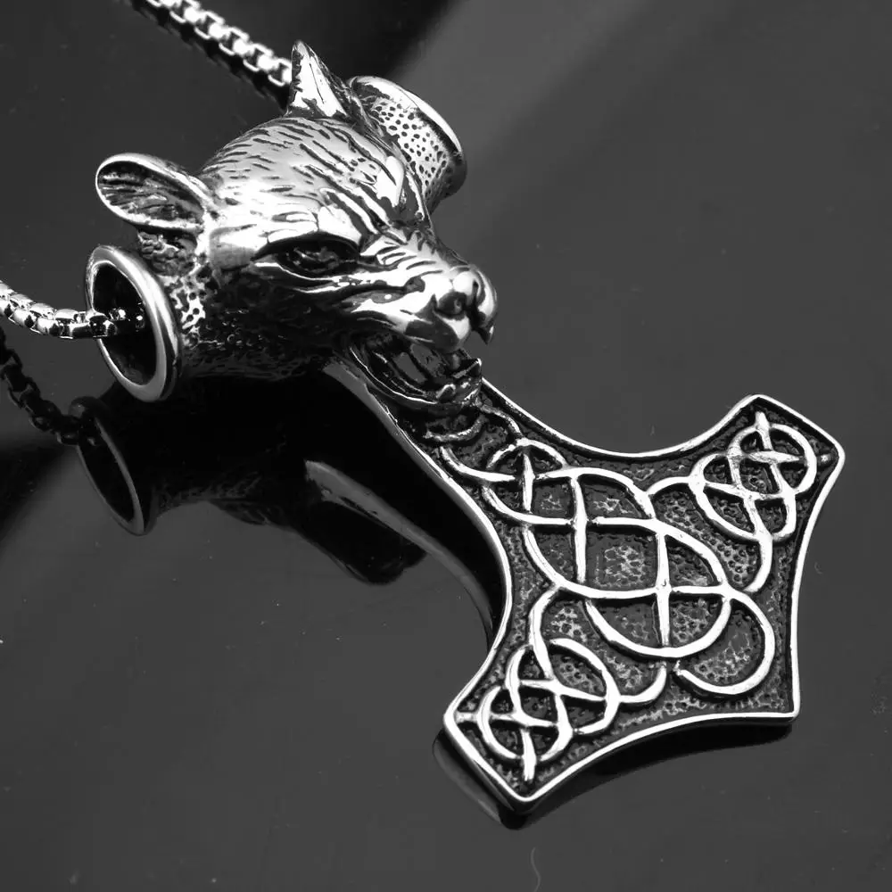 Gothic Men Jewelry Stainless Steel Huge Wolf Head Thor Hammer Mjolnir Pendant Necklace 24inch