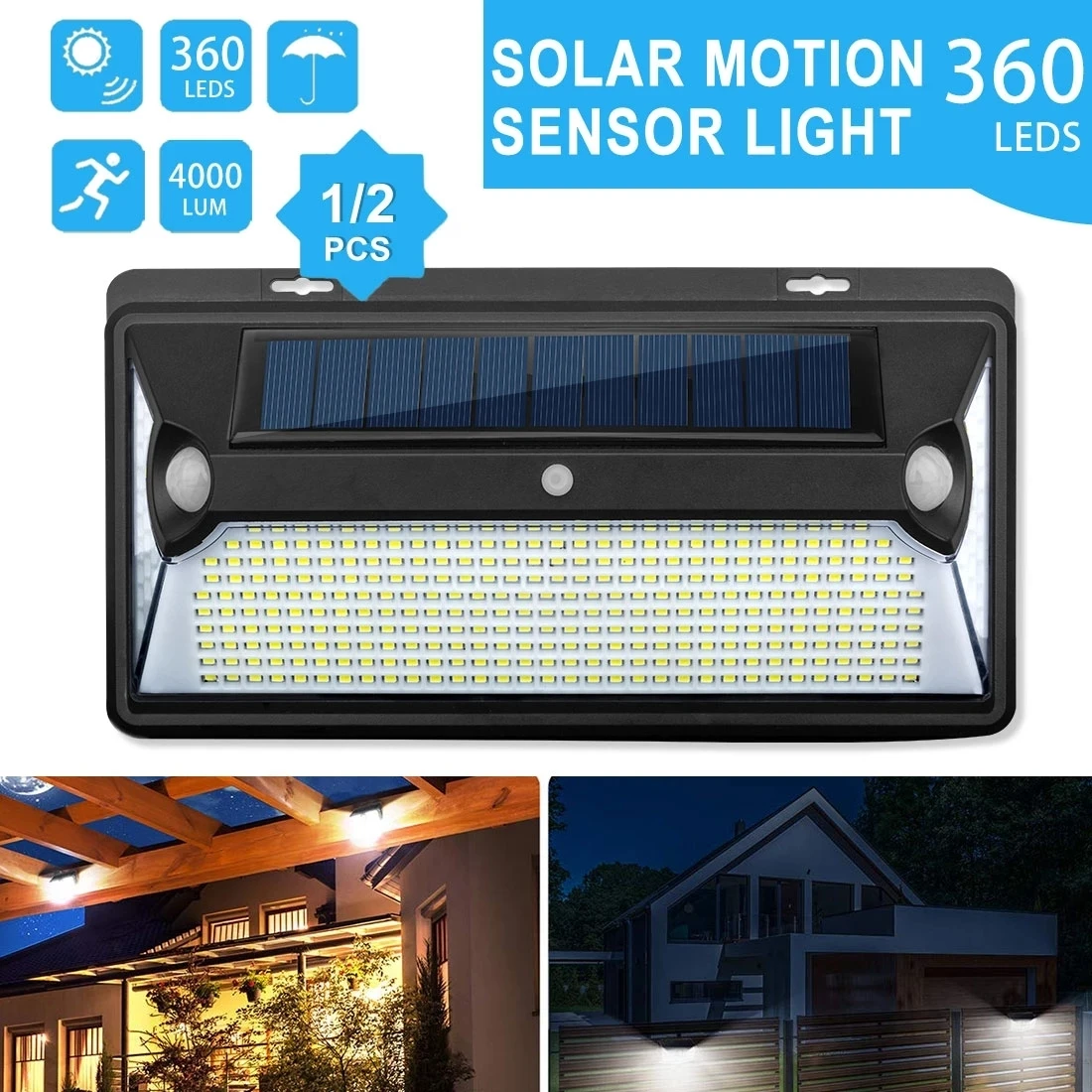 

360 LED Solar Motion Sensor Street Light With 3 Lighting Modes Outdoor Waterproof Security Light Wireless Wall Lamp For Pathway