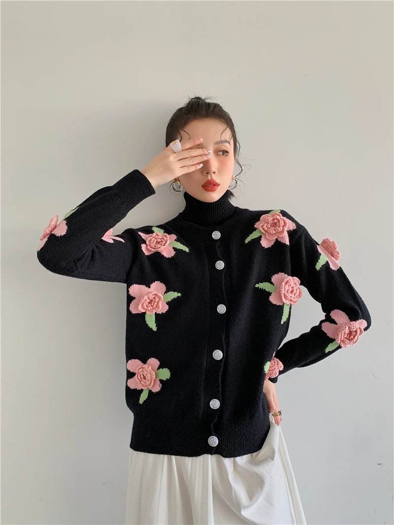 CHEERART Floral Patch Black Cardigan Women Korean Fashion Knitted Sweater Button Up Kawaii Cute Fall Sweater Cardigan 2021