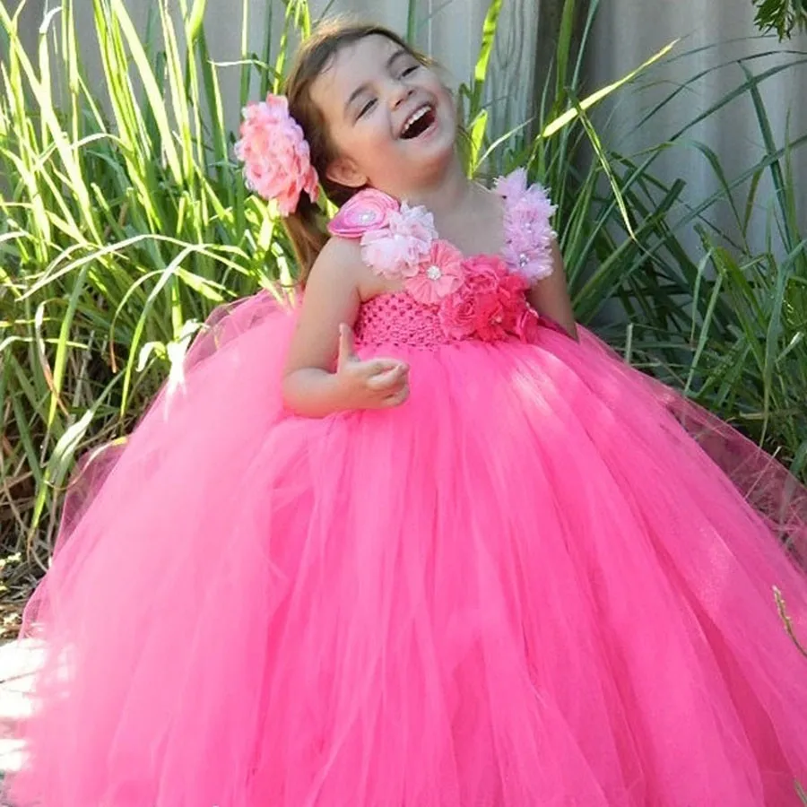 Hot Girls Pink Flower Tutu Dress Baby Crochet Tulle Dress Long Ball Gown with Headband Children Birthday Party Costume Dresses