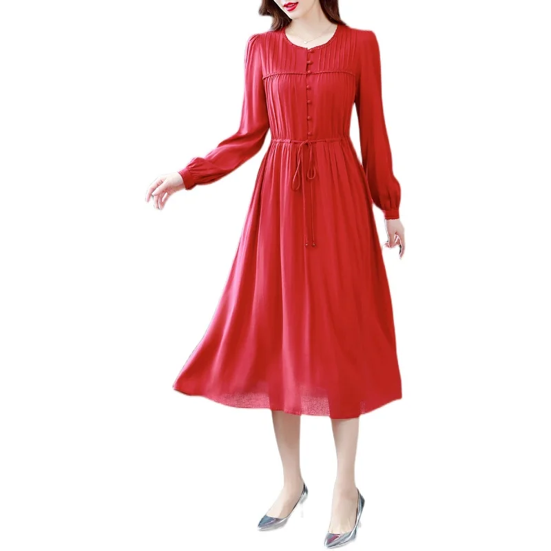 2024 Red Fashion Cotton and Linen Midi Dresses Women Korean Vintage Casual Long Sleeve Dress Autumn Winter Elegant Bodycon Dress