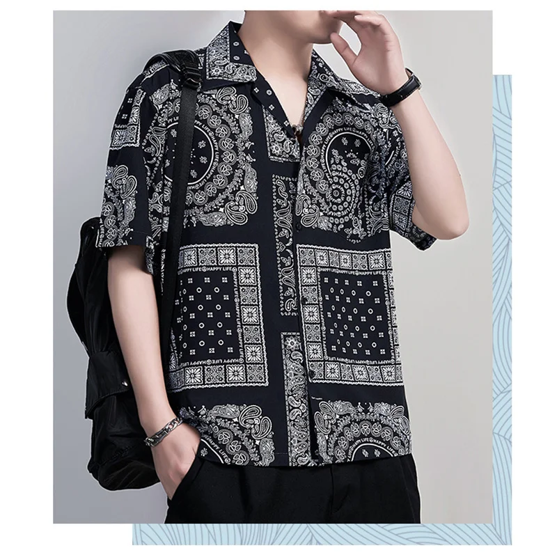 Men's Shirt 2021 Summer Short-Sleeved Fashion Printed T-Shirt Lapel Short-Sleeved Casual All-Match Single-Breasted Top 18-35Y