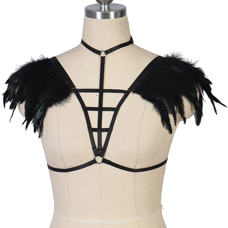 

Wholesale Body Harness Feather Bra Worn Outdoors Sexy Bondage Lingerie Body Cage Goth Rave Black Feather Wing Body Harness Belt