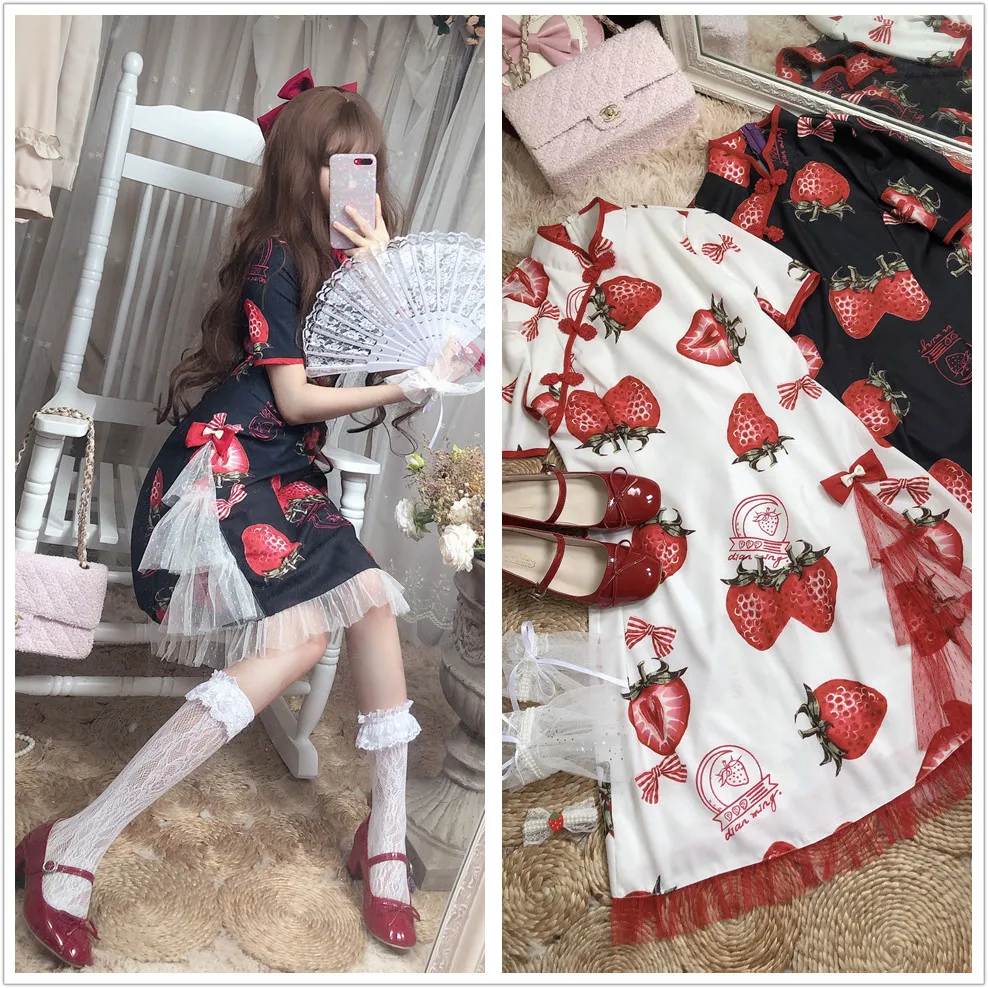 Palace princess sweet lolita dress retro  kawaii girl gothic Lolita Strawberry Cheongsam Summer Lace Waist Lady Gentle Dress