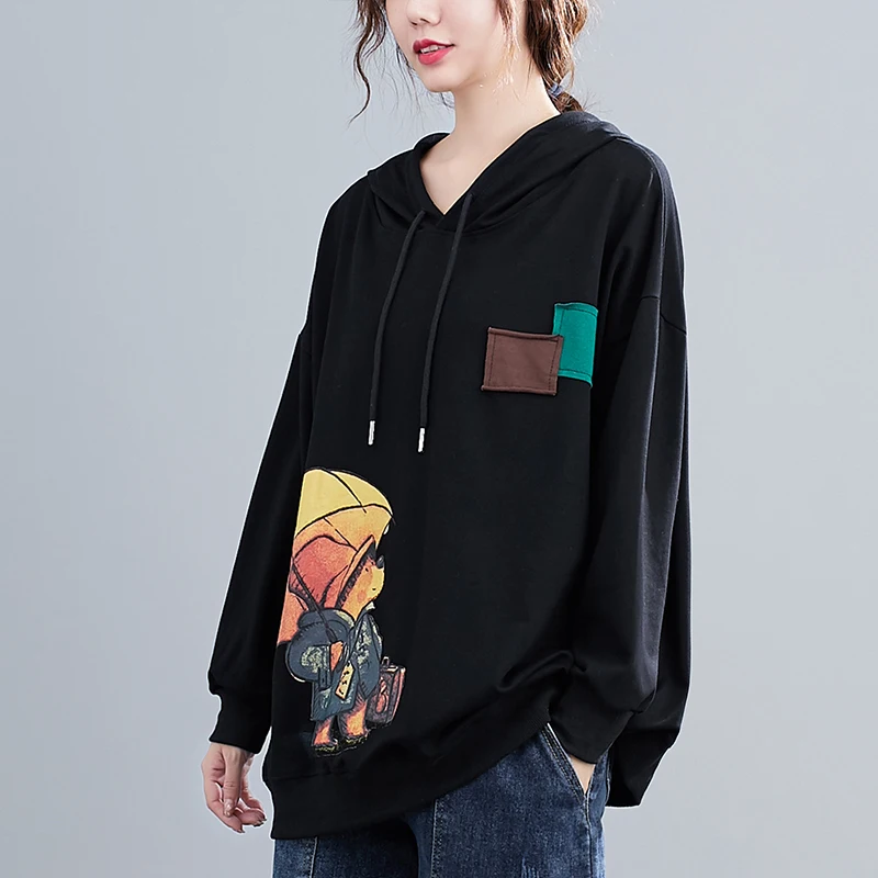 Women Winter Fall Fashion Clothes Female Comic Umbrella Bear Print Vintage Patchwork Long Sleeve Casual Loose Hooded Sweatshirts