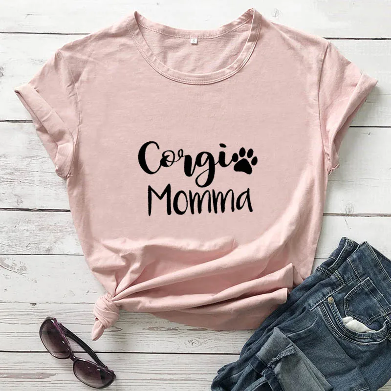 Corgi Momma Printed New Arrival Women\'s Funny 100%Cotton T-Shirt Dog Lover Shirts Corgi Lover Tees Gift for Dog Mom