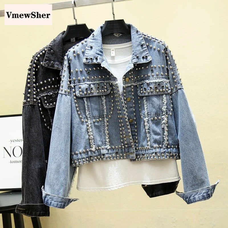 

VmewSher New Women Streetwear Denim Jacket Short Rivet Cool Outwear Female Jean Jackets Fashion Black Denim Coat Long Sleeve