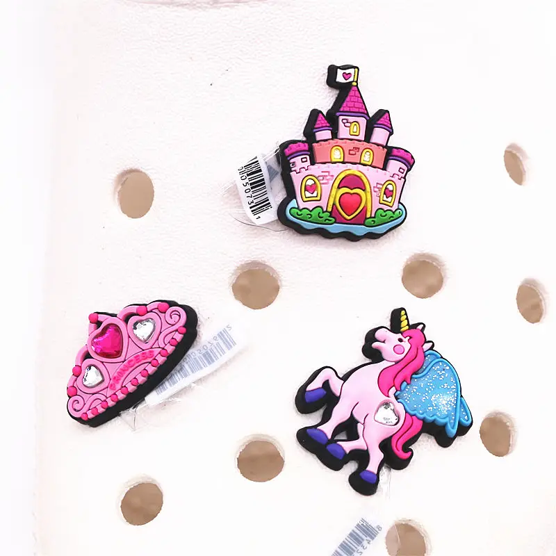 Original Cartoon Shoe Accessories Charms Pink Crown Unicorn Castle PVC Beach Shoe Buckle Decoration for Kids X-mas Party Gifts