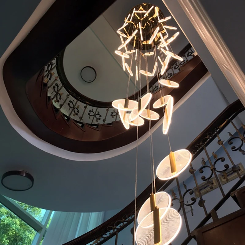 High ceiling villa staircase led chandelier spiral staircase round cake acrylic hanging chandelier modern household lamps