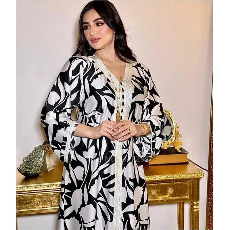 

Eid Mubarak Muslim Fashion Abaya for Women Dress Satin Vestido Arabic Abaya Dubai Islamic Caftan Flower Print Maxi Robe Dresses